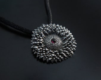 Wild flower silver pendant, Flower with Garnet Stone Pendant, Weird flower necklace, Fantasy necklace, Amazing Flower Pendant, Love jewelry