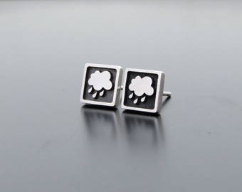 Rain Silver studs, silver earrings, silver posts, earringg studs, weather earrings, cloud earrings, Rain Clouds, square studs