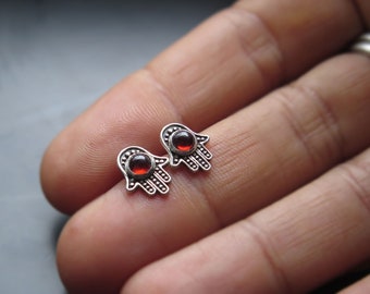 Silver handmade hamsa earrings, Hamsa with garnet stone earrings, hamsa studs