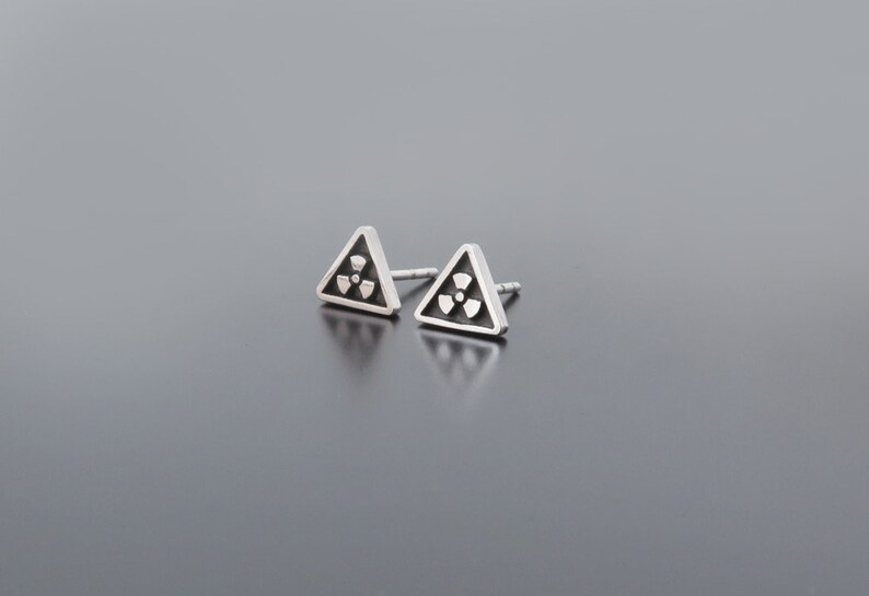 Radiation Earrings, triangle silver earring posts, 925 silver, Silver Radiation Studs, Triangle Studs, Radiation Symbol Earrings image 2