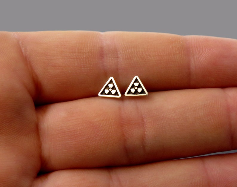 Radiation Earrings, triangle silver earring posts, 925 silver, Silver Radiation Studs, Triangle Studs, Radiation Symbol Earrings image 3