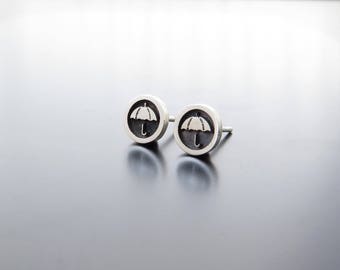 silver earrings studs, umbrella earring posts, umbrella studs, weather earrings, geometric earrings, Round Circle Studs, Umbrella Earrings