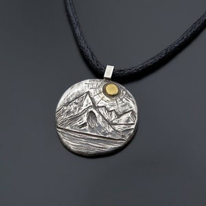 Silver mountain pendant, mountain necklace, gold sun necklace, mountain jewelry, mountain necklace for her, handmade mountain unisex jewelry