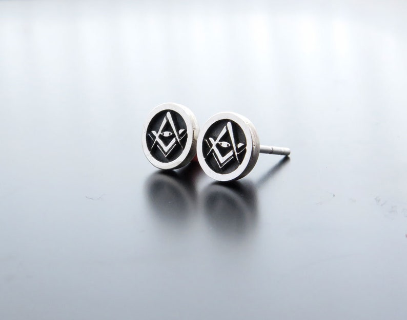 Silver Freemasons Earring Posts, Masonic Symbol Studs, round ear studs, Circle Studs, Masonic Earrings, Earrings for Him, Freemasons Jewelry image 2