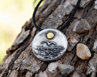 Sunshine pendant, sea pendant silver, gold sun necklace, sea landscape pendant, sea pendant necklacesun pendant, sea and sun pendant,
