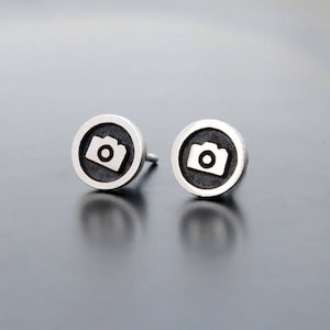 silver earrings studs, camera earring posts, studs, ear studs, Camera earrings, silver earrings, Round Circle Studs, Photographer gift image 1