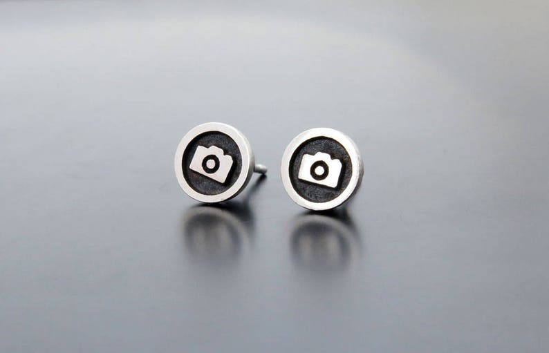 silver earrings studs, camera earring posts, studs, ear studs, Camera earrings, silver earrings, Round Circle Studs, Photographer gift image 1