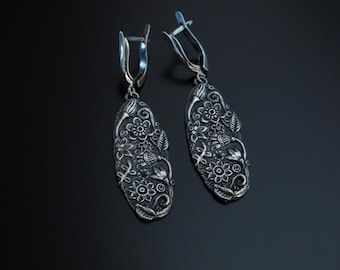 Spring Silver Earrings, Silver Dangle long Earrings with flowers, Handmade spring flowers Earrings, blossom earrings, old style earrings