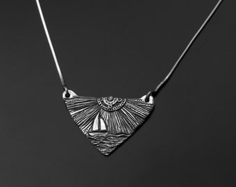 Silver sea boat pendant, Triangle silver pendant, Sunny silver necklace, Sea sun and ship silver pendant, silver sea pendant