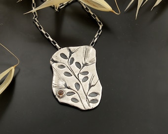 Botanical imprint silver necklace, Natural imprint silver pendant, sun stone silver necklace, asymmetric silver necklace