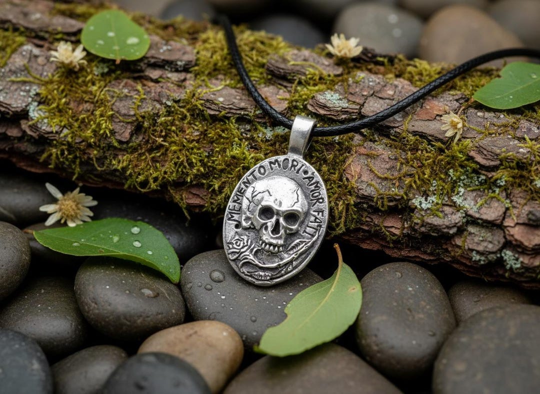 Silver Memento Mori Pendant Skull and Rose Necklace Gothic Jewelry ...