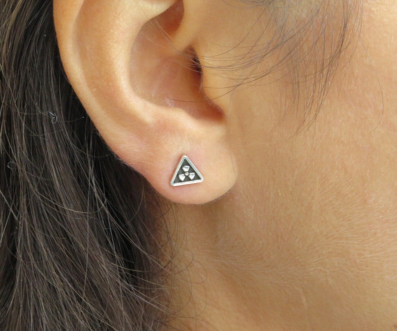 Radiation Earrings, triangle silver earring posts, 925 silver, Silver Radiation Studs, Triangle Studs, Radiation Symbol Earrings image 4