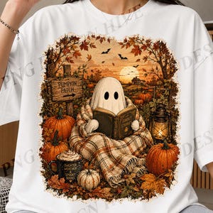 Cozy Ghost Reading PNG, Sweater Weather Spooky Books Halloween Sublimation Design, Pumpkin Patch Autumn Fall PNG Sweatshirt Design File