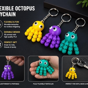 May include: Three flexible octopus keychains in yellow, purple, and teal, each featuring large white eyes with black pupils and articulated tentacles. The keychains include a metal ring and chain, with text visible including FLEXIBLE OCTOPUS KEYCHAIN.