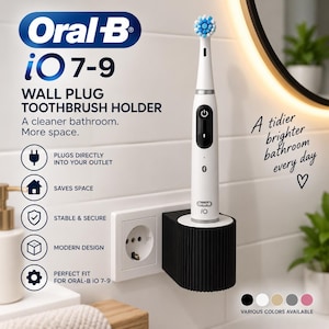May include: A black wall plug toothbrush holder designed for Oral-B iO 7-9 electric toothbrushes. The holder features a ribbed cylindrical exterior and plugs directly into a standard wall outlet, providing a stable and secure storage solution.