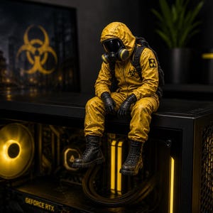 Könnte beinhalten: Eine Sammlerfigur einer Person in einem gelben Schutzanzug mit Kapuze, schwarzer Gasmaske, schwarzen Handschuhen und schwarzen Stiefeln. Auf der Brust und der Schulter des Anzugs befindet sich ein Biohazard-Symbol. Die Figur sitzt auf einem PC.