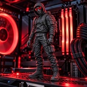 Könnte beinhalten: Eine schwarze taktische Actionfigur mit Kapuzenjacke, Cargohose, Handschuhen und Stiefeln, ausgestattet mit roter Schutzbrille und Gesichtsmaske. Die Figur steht auf einer Computerkomponente mit einem großen leuchtenden roten Lüfter.