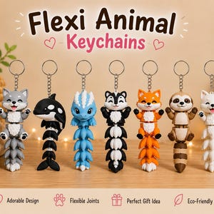 May include: Seven articulated animal keychains labeled Flexi Animal Keychains. The figures include a gray wolf, black and white orca, blue dragon, black and white skunk, orange fox, brown sloth, and white fox, each with a metal ring and chain.