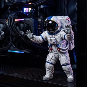Może przedstawiać: Biała figurka astronauty z czarnym wizjerem, niebieskimi akcentami na hełmie oraz czerwonymi i niebieskimi przewodami na klatce piersiowej, stojąca wewnątrz obudowy komputera z widocznymi czarnymi wentylatorami, kablami i podzespołami.