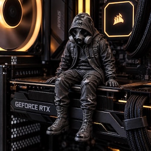 Puede incluir: Una pequeña figura de una persona con chaqueta con capucha de camuflaje gris oscuro, pantalones a juego y máscara de gas, sentada sobre una tarjeta gráfica GeForce RTX negra dentro de una caja de PC con ventiladores de luz naranja.