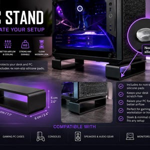 Può includere: Un supporto rettangolare nero per PC che misura 18 cm per 6 cm per 5 cm. Il supporto presenta un centro cavo, una finitura liscia e include quattro cuscinetti in silicone antiscivolo per sollevare un case per PC e migliorare il flusso d'aria.