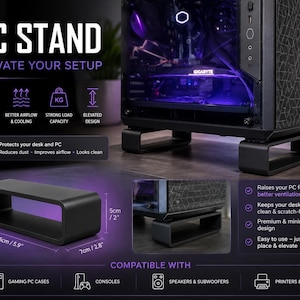 May include: A black rectangular PC stand with a hollow center, measuring 5.9 inches in length, 2.8 inches in width, and 2 inches in height. The stand is designed to elevate computer towers, gaming consoles, speakers, subwoofers, and printers.