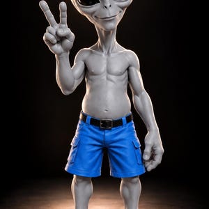 May include: A grey extraterrestrial figure with a large head, dark oval eyes, and a subtle smile. The figure has a muscular build, is making a peace sign with one hand, and is wearing bright blue cargo shorts with a black belt.