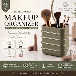 Può includere: Un organizer per trucchi stampabile in 3D con finitura verde oliva opaco e design a livelli sovrapposti. Il contenitore ospita quattro pennelli da trucco con setole marroni e manici metallici. Il testo sull'immagine include 3D PRINTABLE MAKEUP ORGANIZER.
