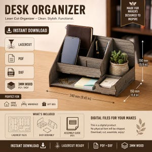 以下が含まれることがあります： 文房具、スマートフォン、小さなサボテンの鉢植えを収納できる複数のコンパートメントを備えたグレーの木製デスクオーガナイザー。幅240mm、高さ150mm。画像内のテキストには「DESK ORGANIZER」および「3MM WOOD」と記載されています。
