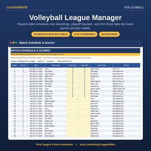 May include: A digital spreadsheet interface titled Volleyball League Manager, featuring a match schedule and scores table with columns for game number, round, date, home and away teams, sets won, and results for a league with eight teams.