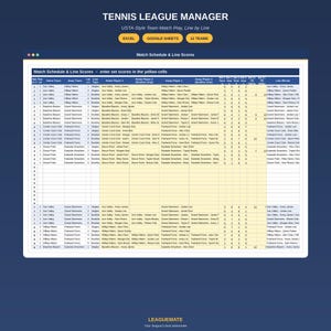 May include: A digital spreadsheet titled Tennis League Manager for USTA-style team match play. The interface displays a match schedule and line scores table with yellow input cells, featuring columns for home and away teams, player names, and set scores.