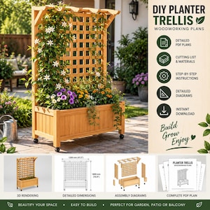 May include: A wooden planter box with an attached lattice trellis on wheels, filled with white, purple, and orange flowers. The image includes text reading DIY PLANTER TRELLIS, detailed diagrams, and dimensions of 1200 mm by 1800 mm.