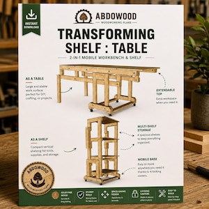 Może przedstawiać: Biały plakat informacyjny z planami stolarskimi Abdowood przedstawiający przekształcalny regał i stół. Grafika pokazuje mebel w dwóch konfiguracjach: poziomy stół z wysuwanym blatem oraz pionowy regał do przechowywania z czterema poziomami.
