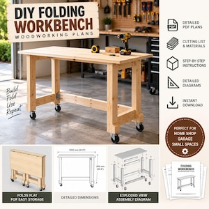 May include: A light-colored wooden workbench with four caster wheels, shown in a workshop setting. The image includes text reading DIY FOLDING WORKBENCH, diagrams showing dimensions of 1200 mm by 900 mm, and an exploded view assembly diagram.