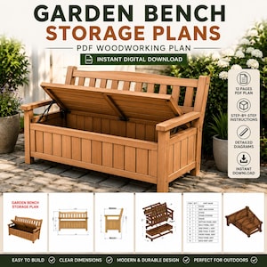 May include: A digital woodworking plan for a garden bench with storage, featuring a hinged seat that opens to reveal a compartment. The document includes 12 pages of step-by-step instructions, detailed diagrams, and a parts list for construction.