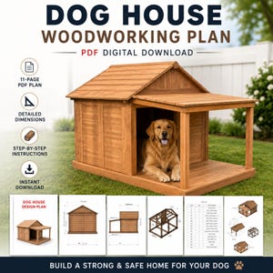 May include: A digital woodworking plan for a wooden dog house with a porch. The document includes 11 pages of detailed dimensions, step-by-step instructions, and an instant download feature. The design shows a gabled roof and a covered front deck.
