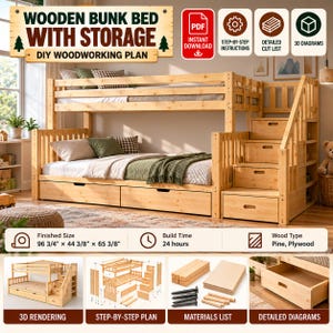 May include: A DIY woodworking plan for a wooden bunk bed with storage, featuring a 3D rendering, step-by-step instructions, and a cut list. The bed includes a staircase with built-in drawers, under-bed storage, and measures 245.7 cm x 112.7 cm x 166 cm.