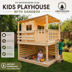 May include: A DIY woodworking plan for a two-story wooden kids playhouse with a sandbox. The structure features a top deck with a railing and a lower sandbox area. Text includes DIY WOODWORKING PLAN KIDS PLAYHOUSE WITH SANDBOX and ABDOWOOD.