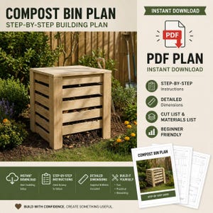 Könnte beinhalten: Ein digitaler PDF-Bauplan für einen quadratischen Komposter aus Holz. Das Dokument enthält eine Schritt-für-Schritt-Anleitung, eine Zuschnittliste, eine Materialliste sowie detaillierte Maße in metrischen und imperialen Einheiten.