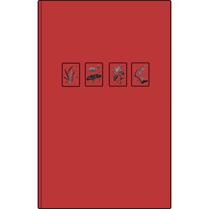 May include: A rectangular red notebook featuring four small, centred square illustrations in black and white. The designs depict botanical elements including grass, a lotus flower, a blooming flower, and a flowering branch, all arranged in a row.