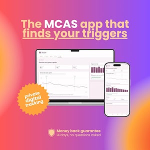 Puede incluir: Un ordenador portátil y un smartphone muestran la interfaz de la aplicación MCAS con gráficos. El texto dice: The MCAS app that finds your triggers, private digital tracking, y Money back guarantee 14 days, no questions asked.