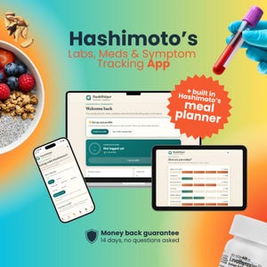 Puede incluir: Una interfaz digital para la aplicación de seguimiento de síntomas, medicamentos y análisis de Hashimoto's en un portátil, tableta y smartphone. La pantalla muestra un planificador de comidas. Incluye un vial de sangre, granola y medicación.