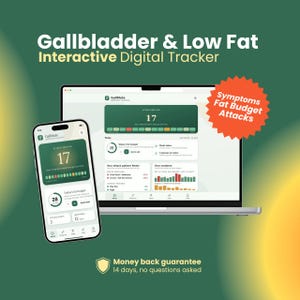 May include: A digital tracker for gallbladder health and low-fat diets displayed on a smartphone and laptop screen. The interface shows data for fat budgets, attack patterns, and symptoms. An orange starburst graphic reads Symptoms Fat Budget Attacks.