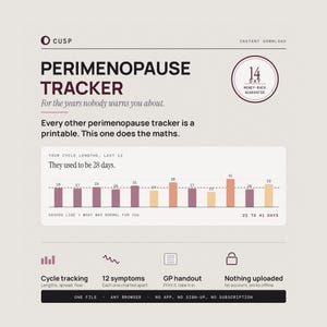 May include: A digital perimenopause tracker document featuring a bar chart displaying cycle lengths over time. The text includes 'CUSP', 'PERIMENOPAUSE TRACKER', 'For the years nobody warns you about', '14 DAY MONEY-BACK GUARANTEE', and 'Cycle tracking'.