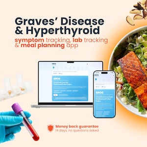 May include: A digital app for Graves' Disease and Hyperthyroid symptom, lab, and meal tracking. The display shows a laptop and smartphone with the Grog interface, a pill organizer, a blood sample vial, a salmon salad, and a money back guarantee.