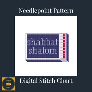 May include: A digital needlepoint pattern featuring the text shabbat shalom in a pixelated font on a dark purple rectangular background with a light purple border and a vertical strip of pink squares on the right side, labeled Digital Stitch Chart.