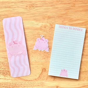 BUNDLE Memo Pad, Die Cut Sticker, & Laminated Bookmark | Hand Illustrated Print  | Kawaii Pink Frog