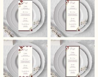Modelo de menu de casamento em tons de vinho em Las Vegas | Cartão para jantar romântico (tamanhos 5x7 e 4x9 DL)