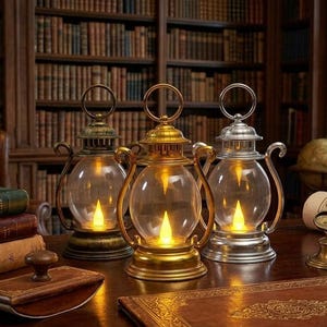 Op de afbeelding: Drie decoratieve lantaarns met ronde glazen bollen en interne warmgele LED-lampjes. De lantaarns hebben metalen afwerkingen in antiek brons, helder goud en zilver, elk voorzien van een ringhandvat aan de bovenkant en gebogen zijsteunen.