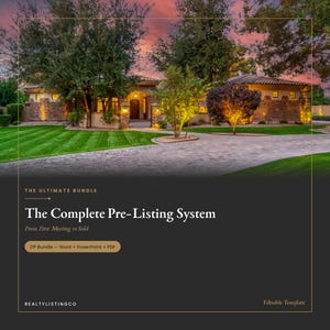 May include: A digital product bundle titled The Complete Pre-Listing System, From First Meeting to Sold, featuring a ZIP bundle of Word, PowerPoint, and PDF files. The graphic displays a luxury stone house at sunset with green lawns and trees.